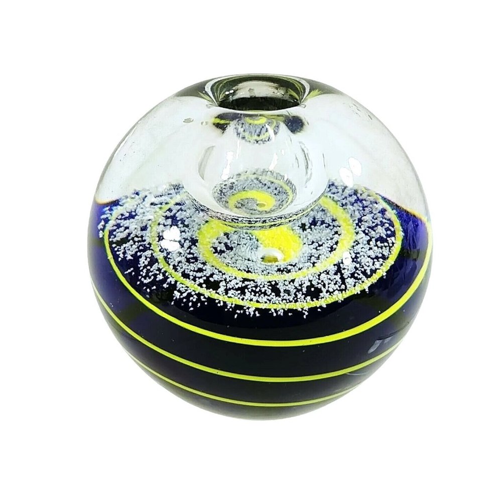 Glass Paperweight Taper Candleholder Blue Yellow Swirl Design 3 3/8" Dia